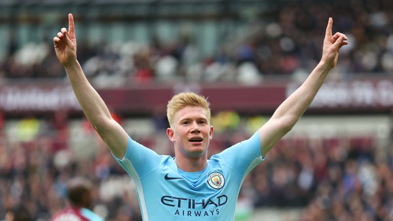 Kevin De Bruyne celebrates after his cross is deflected into the net by West Ham's Declan Rice (not pictured) for Manchester City's second goal of the game at the London Stadium