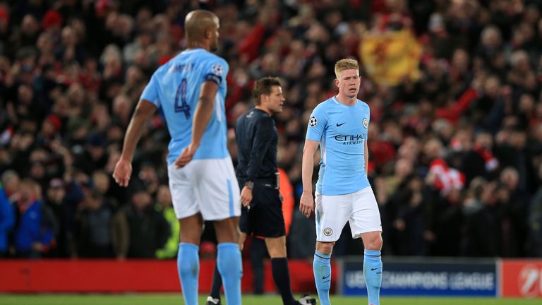 Manchester City's Kevin De Bruyne appears dejected during the UEFA Champions League quarter-final first leg tie v Liverpool at Anfield