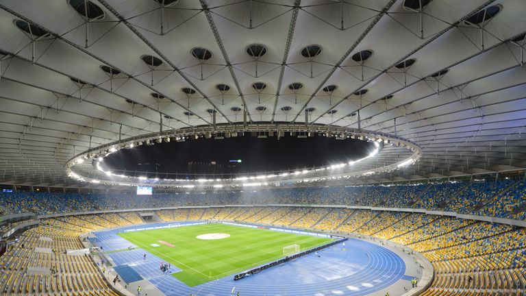 KIEV, UKRAINE - SEPTEMBER 19:  General view of the Olympic Stadium, home of FC Dynamo Kyiv taken during the UEFA Europa League group stage match between FC Dynamo Kyiv and KRC Genk held on September 19, 2013 at the Olympic Stadium, in Kiev, Ukraine. (Photo by Genya Savilov/EuroFootball/Getty Images)