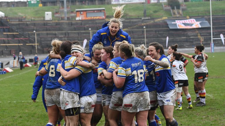 Picture by Anna Gowthorpe/SWpix.com - 15/04/2018 - Rugby League - Womens Super League - Bradford Bulls v Leeds Rhinos - Coral Windows Stadium, Bradford, England - Leeds Rhinos celebrate their victory