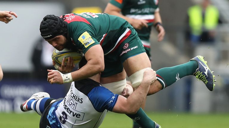  Sione Kalamafoni of Leicester is tackled by Shaun Knight of Bath