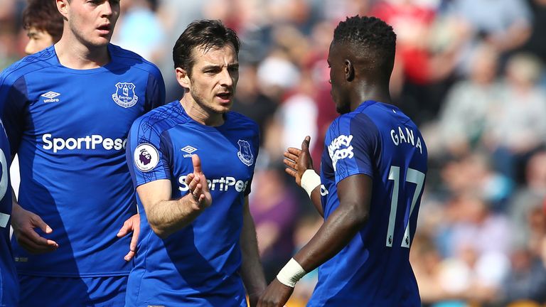 Everton's Leighton Baines congratulates Idrissa Gueye for his part in their opening goal, turned into his own net by Swansea City's Kyle Naughton (not pictured)