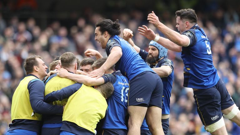 Leinster's Dan Leavy celebrates with team-mates after scoring a try during the quarter final of the European Champions Cup match at The Aviva Stadium, Dublin. PRESS ASSOCIATION Photo. Picture date: Sunday April 1, 2018. See PA story RUGBYU Leinster. Photo credit should read: Lorraine O'Sullivan/PA Wire. RESTRICTIONS: Editorial use only, No commercial use without prior permission.