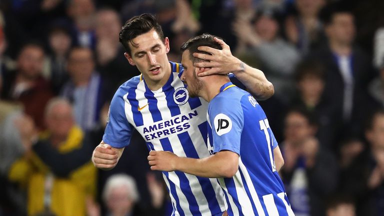 Lewis Dunk and Pascal Gross during the Premier League match between Brighton and Tottenham at Amex 