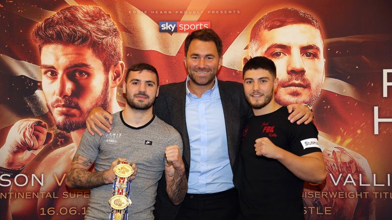 Matchroom Boxing Newcastle conference pictures..Eddie Hearn (C) with headline boxers Lewis Ritson (L) and Josh Kelly (R) 