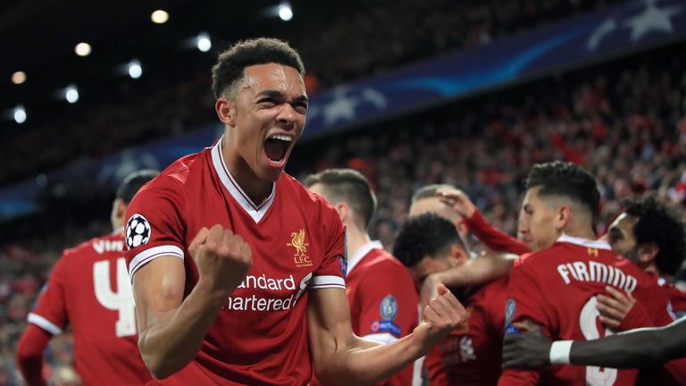 Liverpool's Trent Alexander-Arnold celebrates after Alex Oxlade-Chamberlain (background) scores his side's second goal of the game during the UEFA Champions League quarter-final, first leg match at Anfield