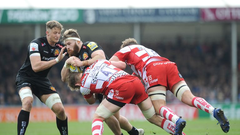 Luke Cowan-Dickie being tackled at Sandy Park during an Aviva Premiership match against Gloucester Rugby