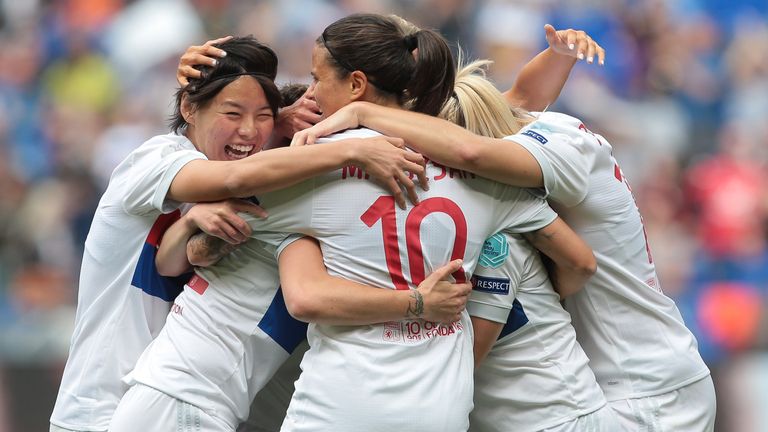 Lyon Feminines celebrate after taking the lead in the Women's Champions League semi-final second leg against Man City Women