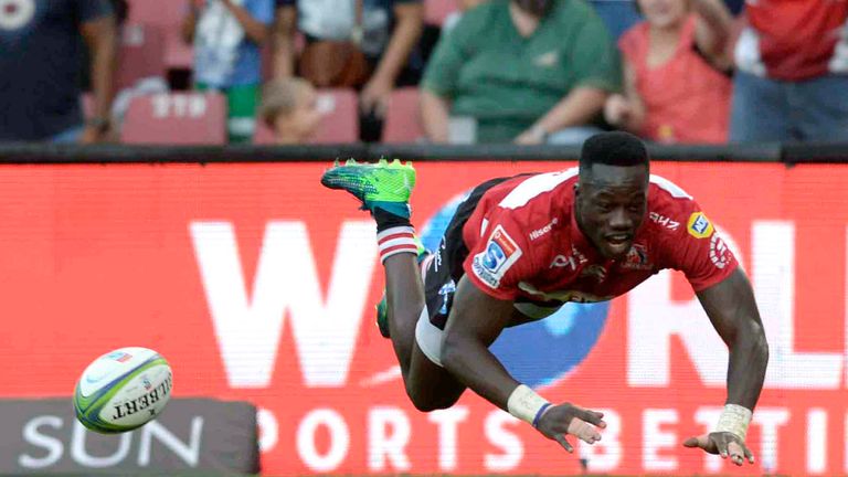 Madosh Tambwe Lions scores during the Super Rugby m