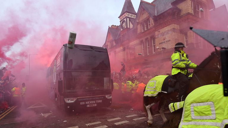 Manchester City's team coach on the approach to Anfield
