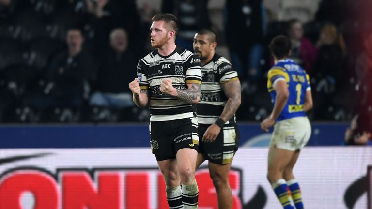 Marc Sneyd celebrates after scoring a late drop goal for Hull against Leeds.