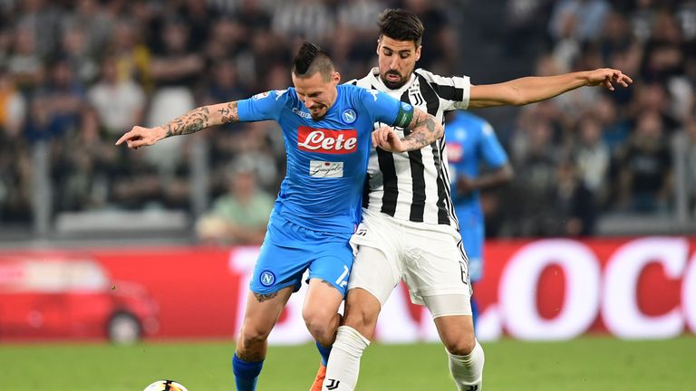 Marek Hamsik and Sami Khedira battle for the ball at the Allianz Stadium