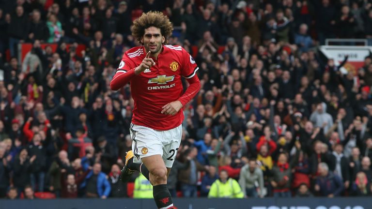 Marouane Fellaini celebrates his winning goal during the Premier League match between Manchester United and Arsenal at Old Trafford on April 29, 2018 in Manchester, England.