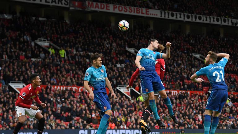 Marouane Fellaini scores late on during the Premier League match between Manchester United and Arsenal at Old Trafford on April 29, 2018 in Manchester, England.