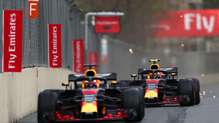 Red Bull Racing's Max Verstappen (33) follows teammate Daniel Ricciardo during the Azerbaijan Formula One Grand Prix