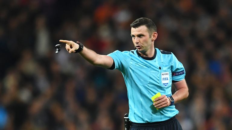 Michael Oliver during the UEFA Champions League Quarter Final Second Leg match between Real Madrid and Juventus at Estadio Santiago Bernabeu on April 11, 2018 in Madrid, Spain.