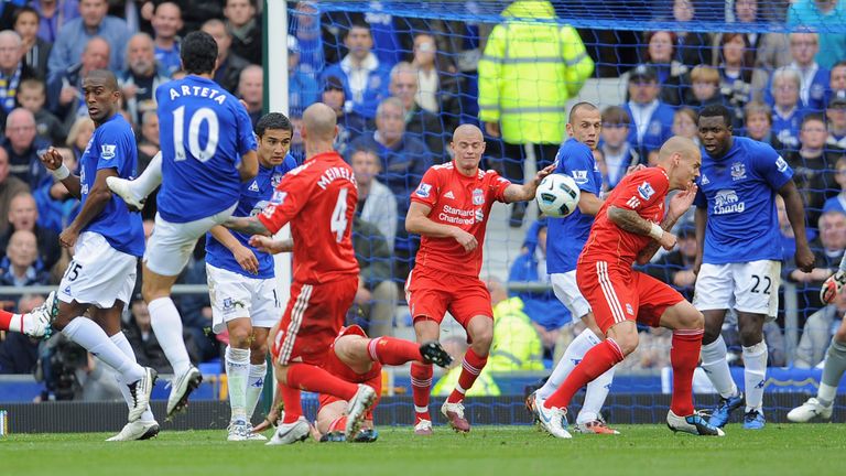 during the Barclays Premier League match between Everton and Liverpool at Goodison Park on October 17, 2010 in Liverpool, England.