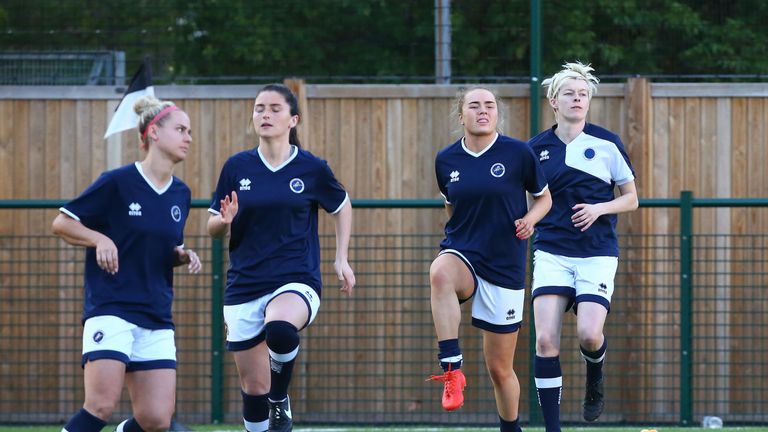 Millwall Lionesses warm-up prior to the FA Women's Super League 2 match against Aston Villa Ladies FC at St Paul's Sports Ground