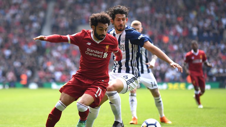 Liverpool's Mohamed Salah and Ahmed Hegazi of West Brom at The Hawthorns