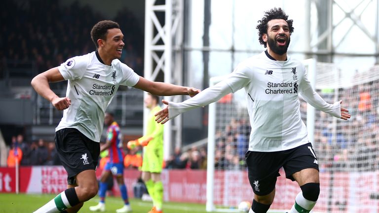 Mo Salah celebrates during the Premier League match between Crystal Palace and Liverpool at Selhurst Park