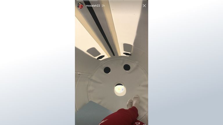 Mohamed Salah posted this image of himself inside a hyperbaric chamber to his instagram stories (mosalah22)