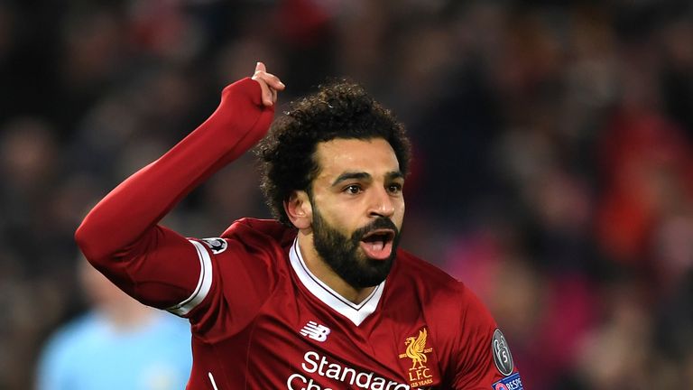 Mohamed Salah celebrates scoring the opening goal during the UEFA Champions League quarter-final, first leg between Liverpool and Manchester City at Anfield