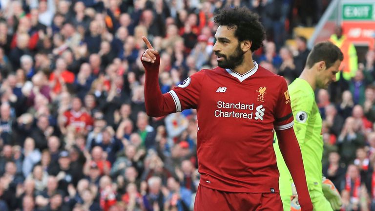Mohamed Salah celebrates after scoring Liverpool's second goal during the Premier League football match against Bournemouth at Anfield