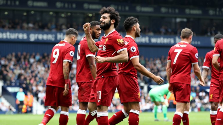 Mohamed Salah celebrates scoring for Liverpool  during the Premier League match between West Bromwich Albion and Liverpool at The Hawthorns on April 21, 2018 in West Bromwich, England.