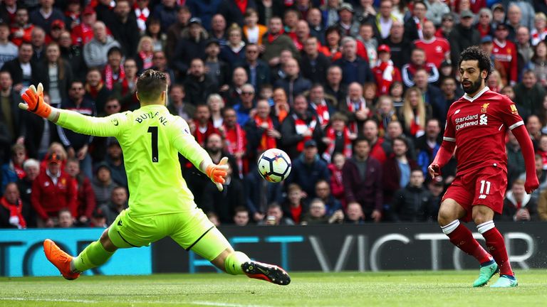 Mohamed Salah sees his shot go wide during the Premier League match between Liverpool and Stoke City at Anfield on April 28, 2018