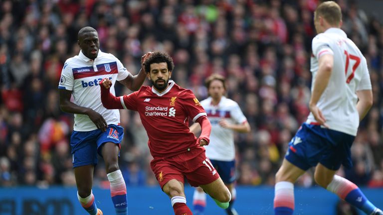 Mohamed Salah in action against Stoke City's at Anfield