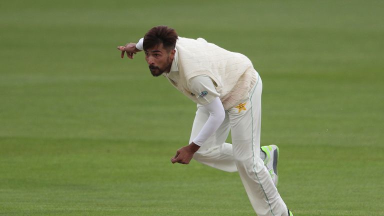 CANTERBURY, ENGLAND - APRIL 28: Mohammad Amir of Pakistan bowls on day 1 of the tour match between Kent and Pakistan on April 28, 2018 in Canterbury, England. (Photo by Sarah Ansell/Getty Images).