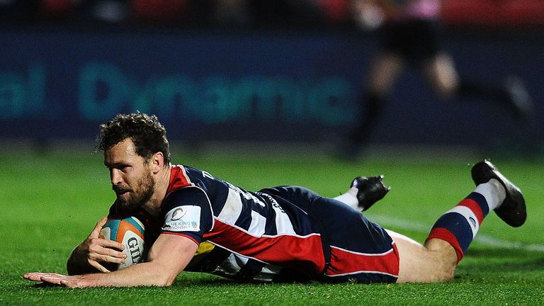 BRISTOL, ENGLAND - APRIL 13: Luke Morahan of Bristol Rugby goes over for a try during the Greene King IPA Championship match between Bristol Rugby and Doncaster Knights at Ashton Gate on April 13, 2018 in Bristol, England. (Photo by Harry Trump/Getty Images)