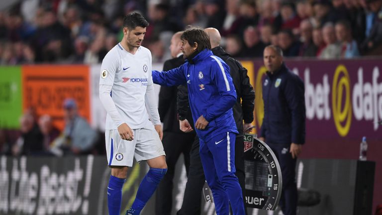 Morata and Conte during the Premier League match between Burnley and Chelsea at Turf Moor on April 19, 2018 in Burnley, England.