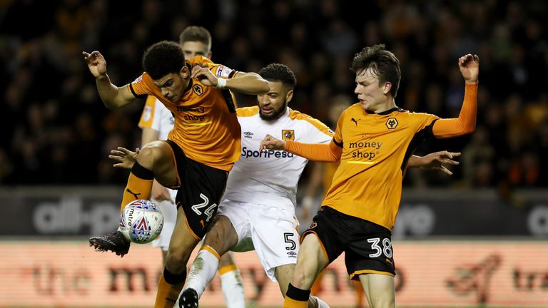 Wolves youngsters Morgan Gibbs-White and Oskar Buur during the Sky Bet Championship match against Hull City at Molineux on April 3, 2018