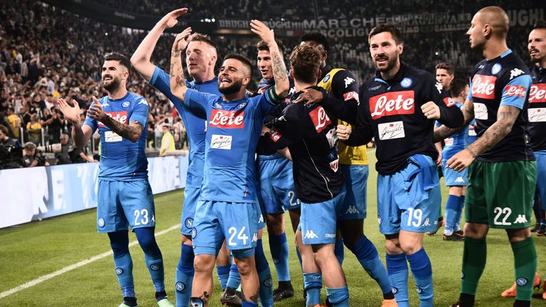 Napoli players celebrate with the fans after their late win against Juventus
