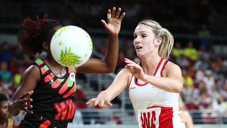 Natalie Haythornthwaite of England passes the ball during the Netball Preliminary Round Pool B match between Malawi and England on day two of the Gold Coast 2018 Commonwealth Games at Gold Coast Convention and Exhibition Centre on April 6, 2018 on the Gold Coast, Australia
