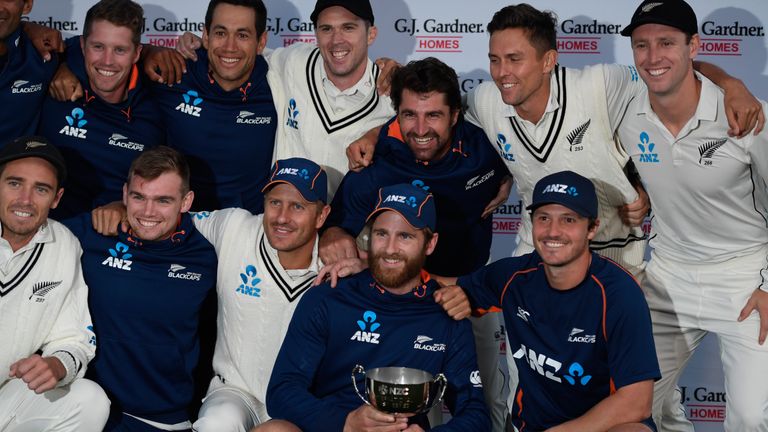 New Zealand celebrate after day five of the Second Test Match between the New Zealand Black Caps and England at Hagley Oval on April 3, 2018 in Christchurch, New Zealand.