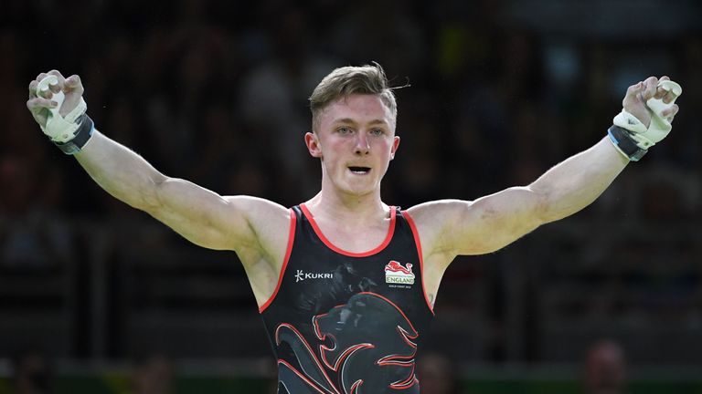 England's Nile Wilson reacts after competing in the men's rings final artistic gymnastics event during the 2018 Gold Coast Commonwealth Games at the Coomera Indoor Sports Centre on the Gold Coast on April 8, 2018. 
