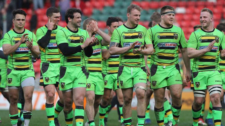 The Saints celebrate their victory at Welford Road
