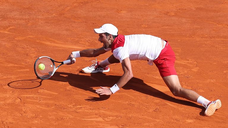 Novak Djokovic of Serbia returns the ball to Dominic Thiem of Austria during the Monte-Carlo ATP Masters Series Tournament, on April 19, 2018 in Monaco