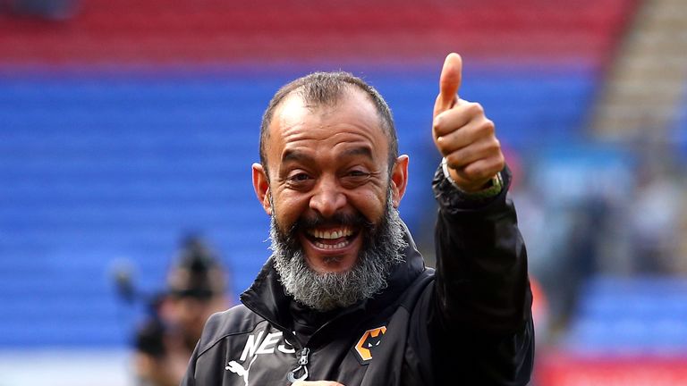 Wolverhampton Wanderers manager Nuno Espirito Santo celebrates after the Sky Bet Championship match at the Macron Stadium, Bolton. PRESS ASSOCIATION Photo. Picture date: Saturday April 21, 2018. See PA story SOCCER Bolton. Photo credit should read: Dave Thompson/PA Wire. RESTRICTIONS: EDITORIAL USE ONLY No use with unauthorised audio, video, data, fixture lists, club/league logos or "live" services. Online in-match use limited to 75 images, no video emulation. No use in betting, games or single club/league/player publications.