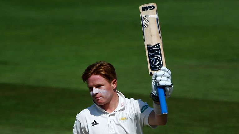 LONDON, ENGLAND - APRIL 22: Surrey's Ollie Pope celebrates his century during day three of the Specsavers County Championship Division One match at The Kia Oval on April 22, 2018 in London, England. (Photo by Charlie Crowhurst/Getty Images)