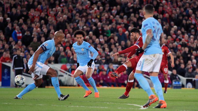 Liverpool's Alex Oxlade-Chamberlain scores his side's second goal of the game during the UEFA Champions League quarter-final, first leg match v Manchester City at Anfield