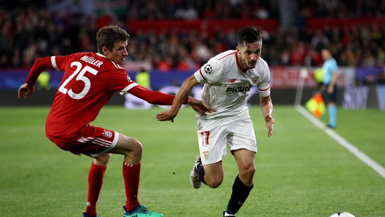  during the UEFA Champions League Quarter Final Leg One match between Sevilla FC and Bayern Muenchen at Estadio Ramon Sanchez Pizjuan on April 3, 2018 in Seville, Spain.