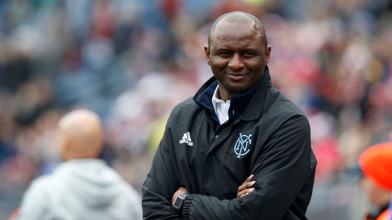 New York City FC manager Patrick Vieira smiles on the side line during the second half against the New England Revolution at Gillette Stadium