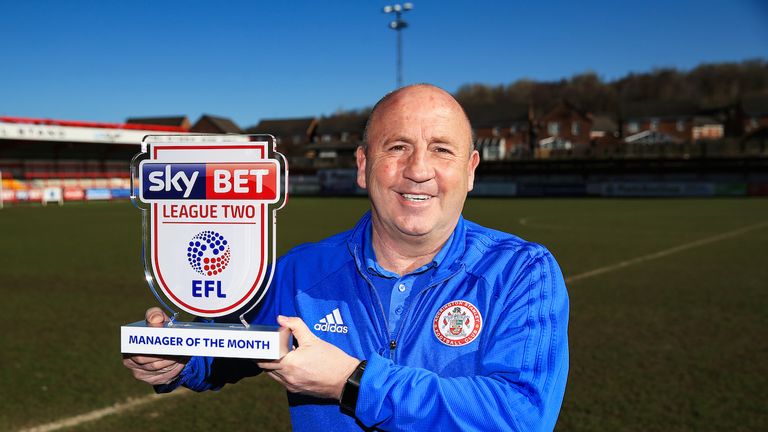 Accrington Stanley manager John Coleman is presented with the SkyBet League 2 Manager of the month award for March 2018 - Mandatory by-line: Matt McNulty/JMP - 05/04/2018 - FOOTBALL - Accrington Stanley - SkyBet League 2 Manager of the Month