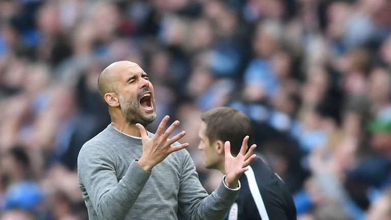 Pep Guardiola shows his frustration following a missed chance during the Manchester derby