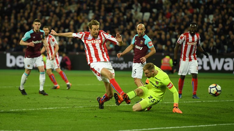 Peter Crouch and Joe Hart during the Premier League match between West Ham United and Stoke City at London Stadium