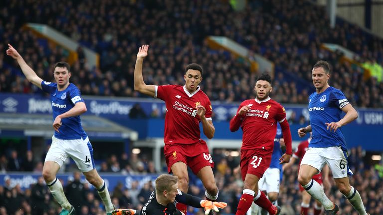  during the Premier League match between Everton and Liverpool at Goodison Park on April 7, 2018 in Liverpool, England.