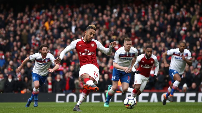 Pierre-Emerick Aubameyang scores from the penalty spot against Stoke